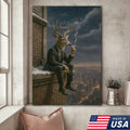 Surreal Deer Man Canvas Wall Art, Anthropomorphic Animal City Night Artwork