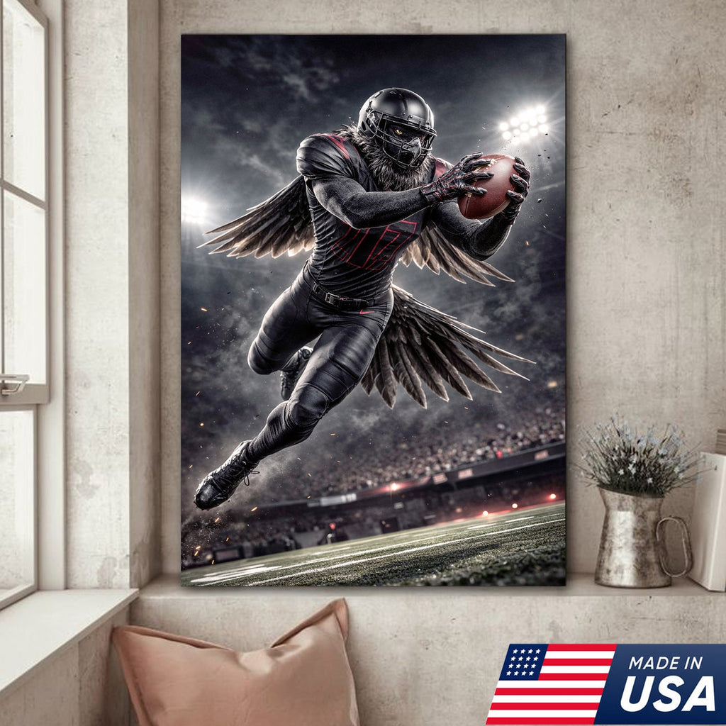 Dark Raven Football Canvas Wall Art – Black Winged Athlete Stadium Action Print
