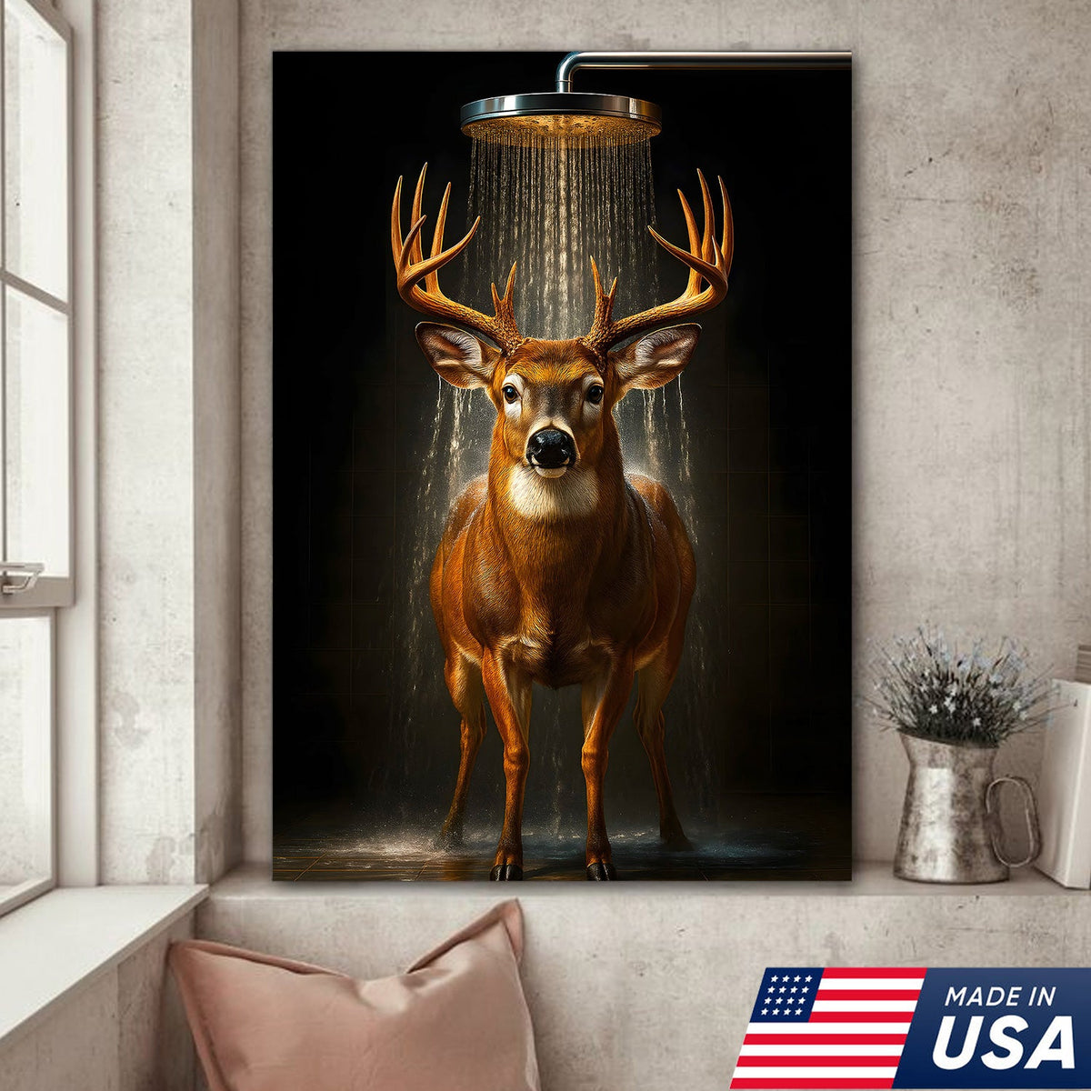 Funny Deer Shower Canvas Wall Art, Whimsical Buck Bathroom Decor