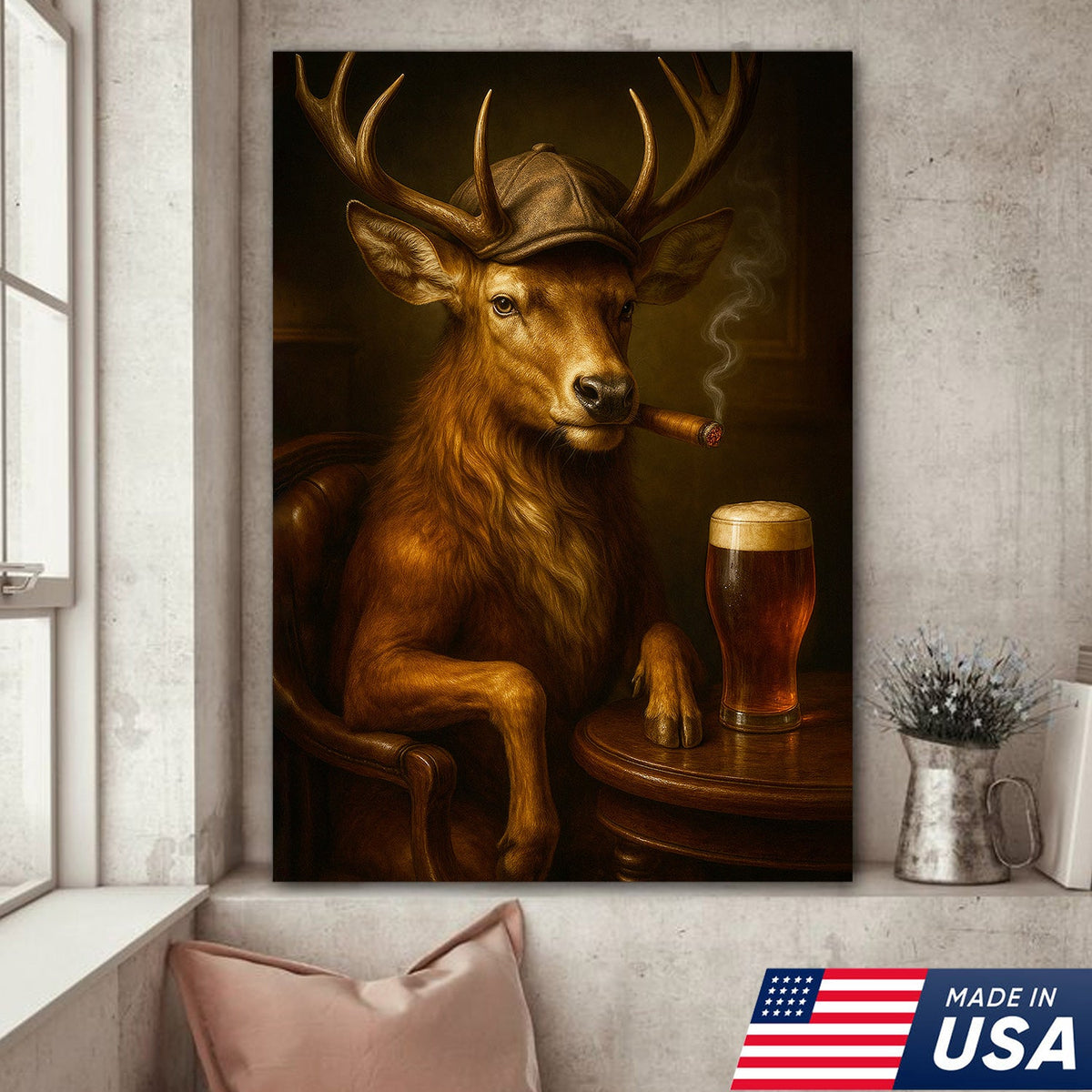 Classy Deer Smoking Cigar Canvas – Rustic Beer Lover Wall Art for Cabin & Man Cave
