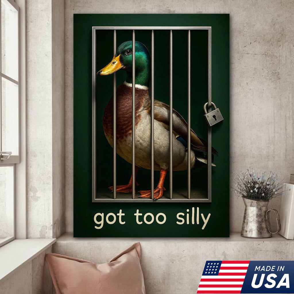 Silly Duck Canvas Wall Art – Funny Mallard Jail Print – Unique Rustic Cabin or Bathroom Decor