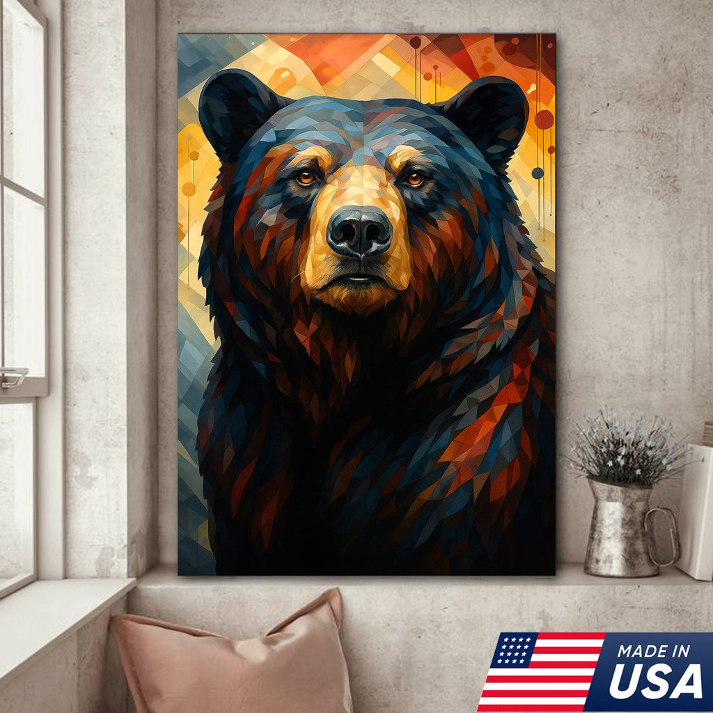 Geometric Bear Portrait Canvas – Modern Rustic Wall Art for Cabin & Man Cave Decor