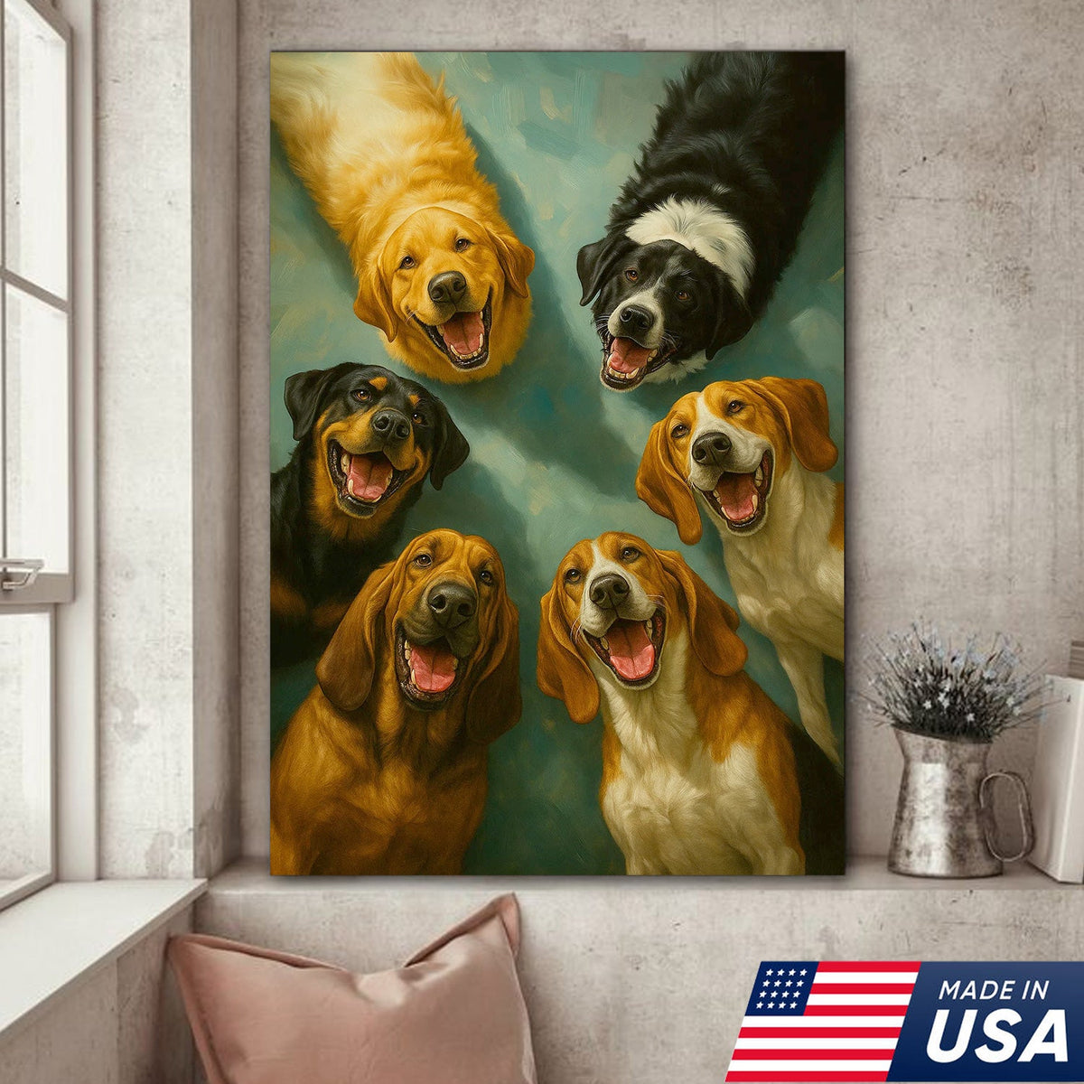 Happy Dogs Wall Art Canvas, Funny Smiling Dog Portrait Painting