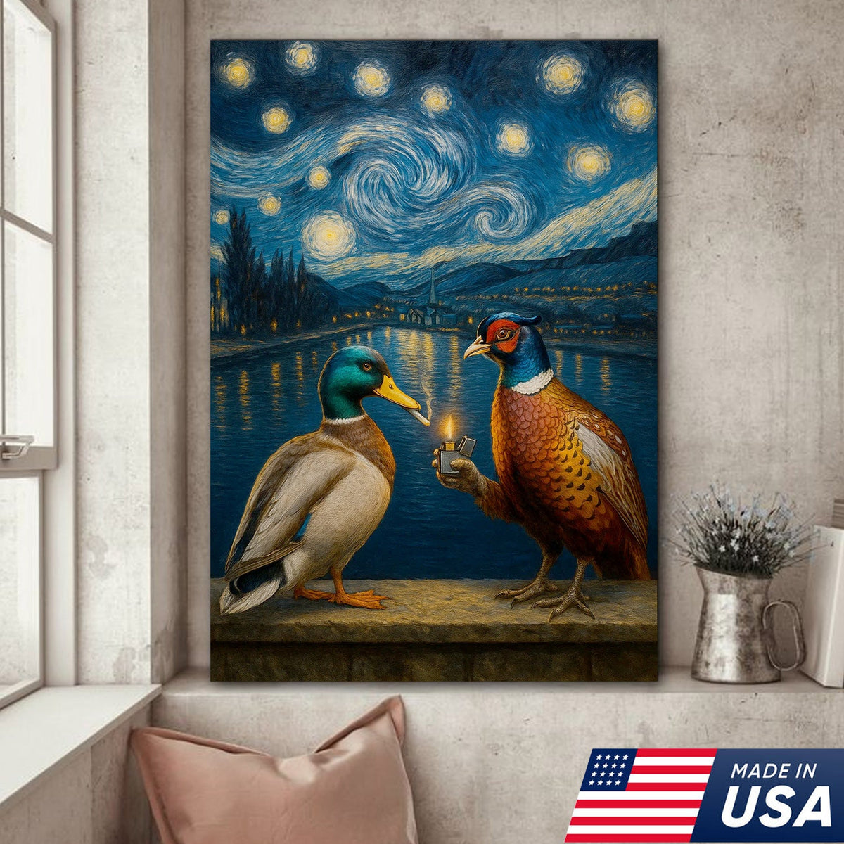 Starry Night Duck and Pheasant Canvas Wall Art, Van Gogh Inspired Wildlife Painting