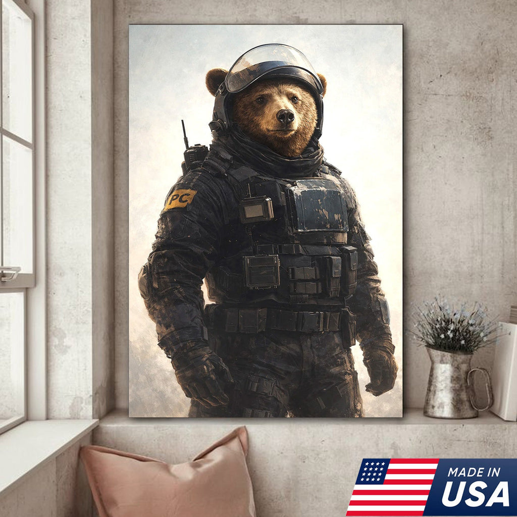 Tactical Bear Soldier Canvas Wall Art – Realistic Military Animal Print
