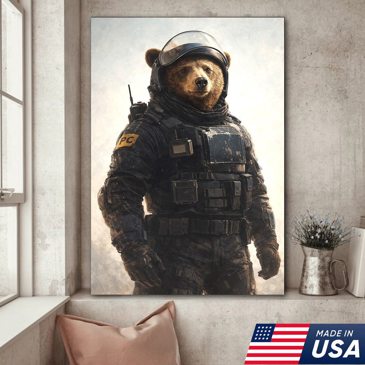 Tactical Bear Soldier Canvas Wall Art – Realistic Military Animal Print