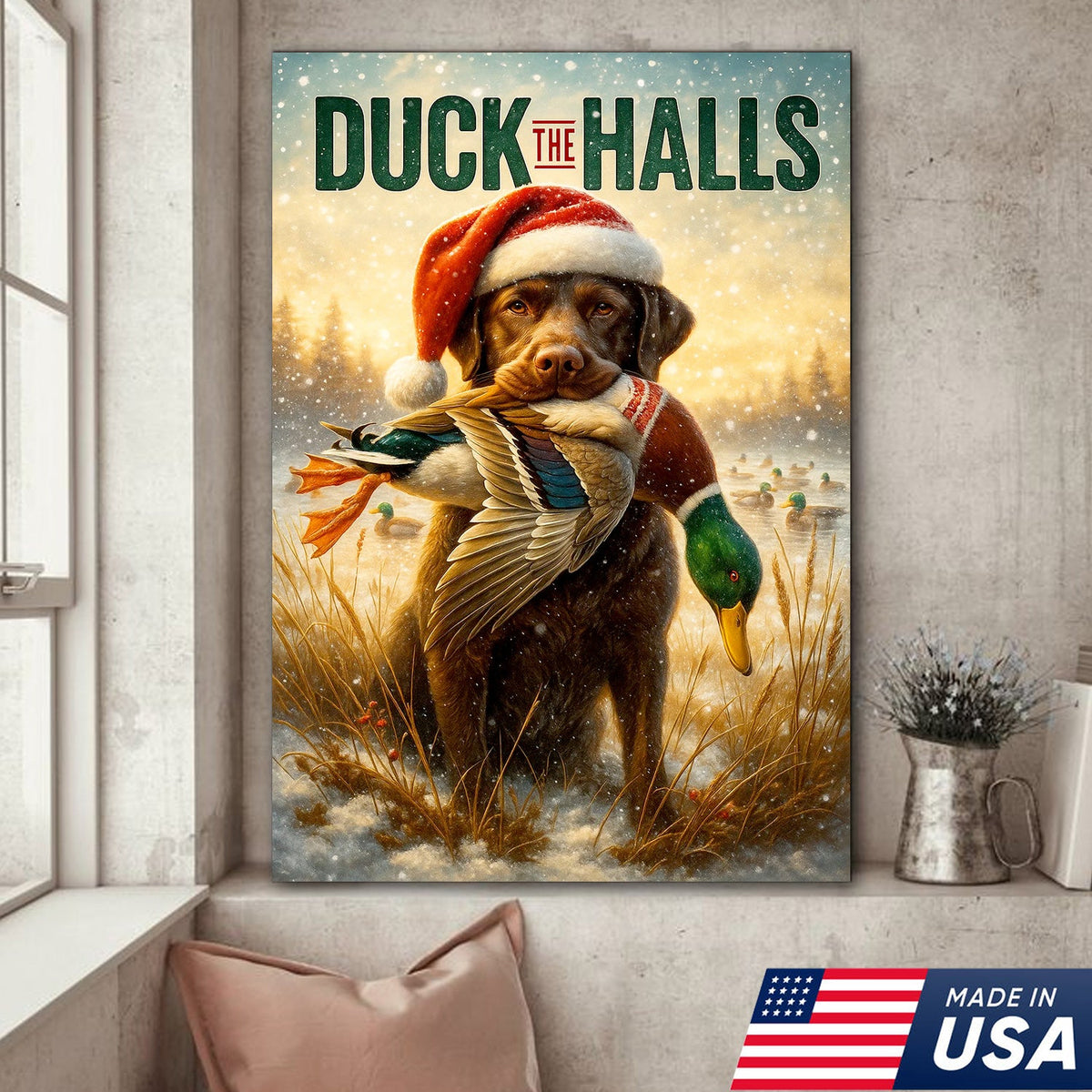 Duck The Halls Christmas Hunting Dog Canvas Art, Funny Holiday Wall Decor for Hunters