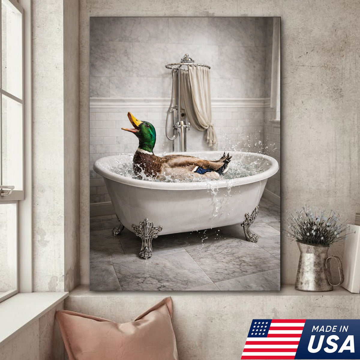Duck Bathroom Canvas Print – Funny Duck In Bathtub Wall Art
