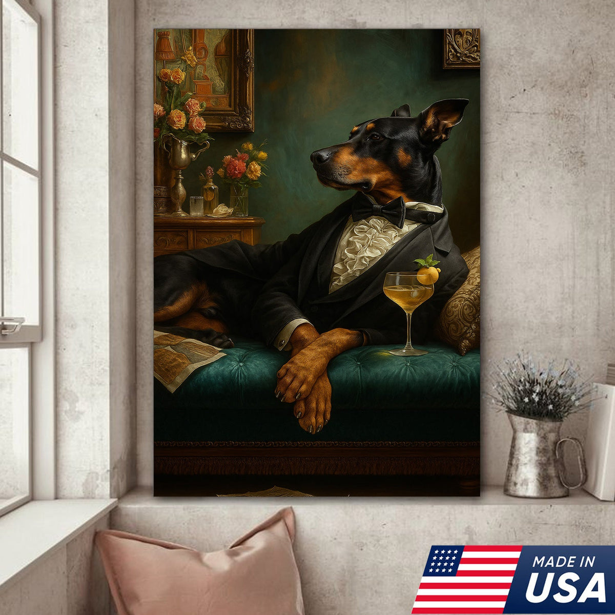 Elegant Doberman Gentleman Wall Art Canvas – Vintage Dog Portrait for Home Bar