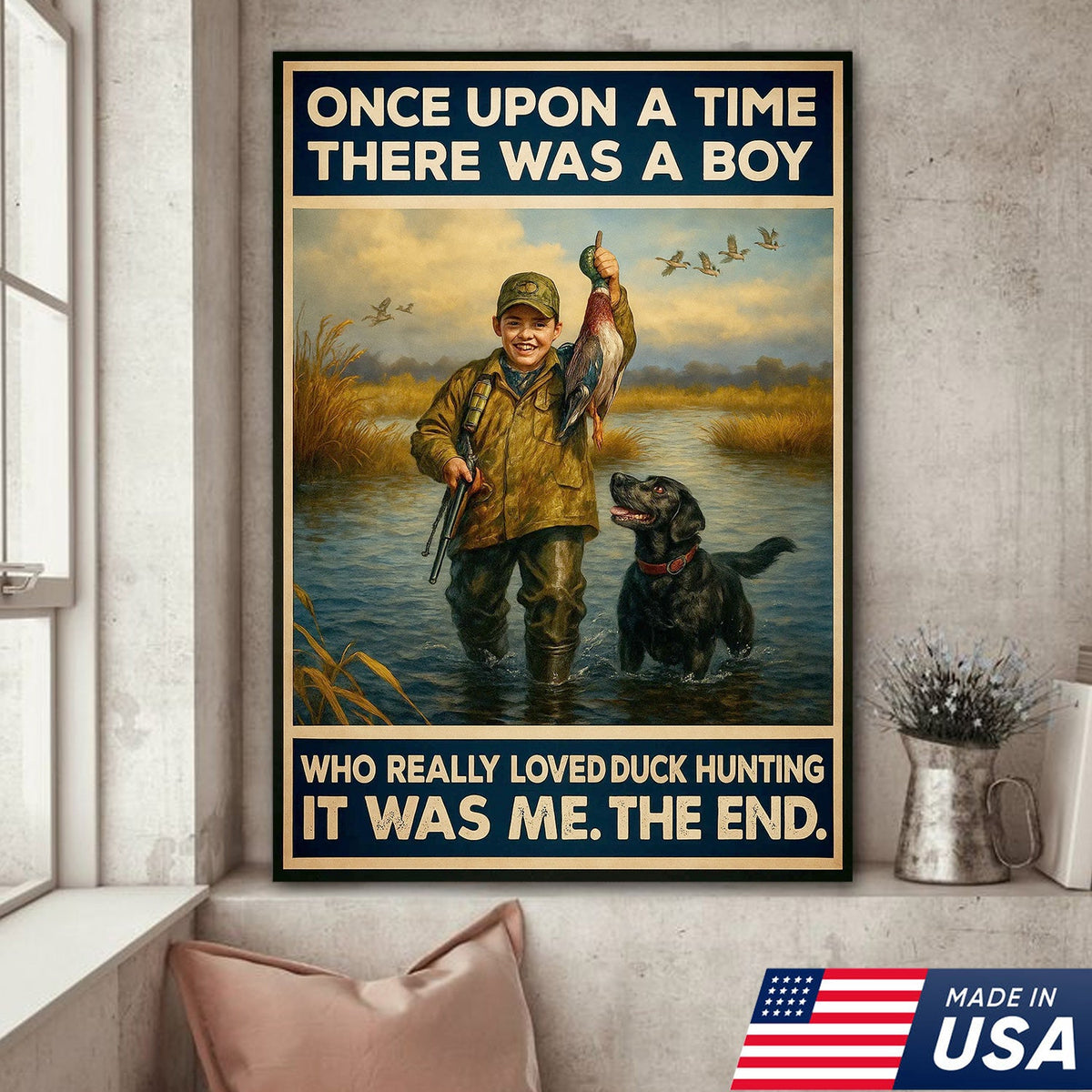 Vintage Duck Hunting Canvas Wall Art – Boy and Dog Rustic Print – Cabin Lodge Outdoor Decor