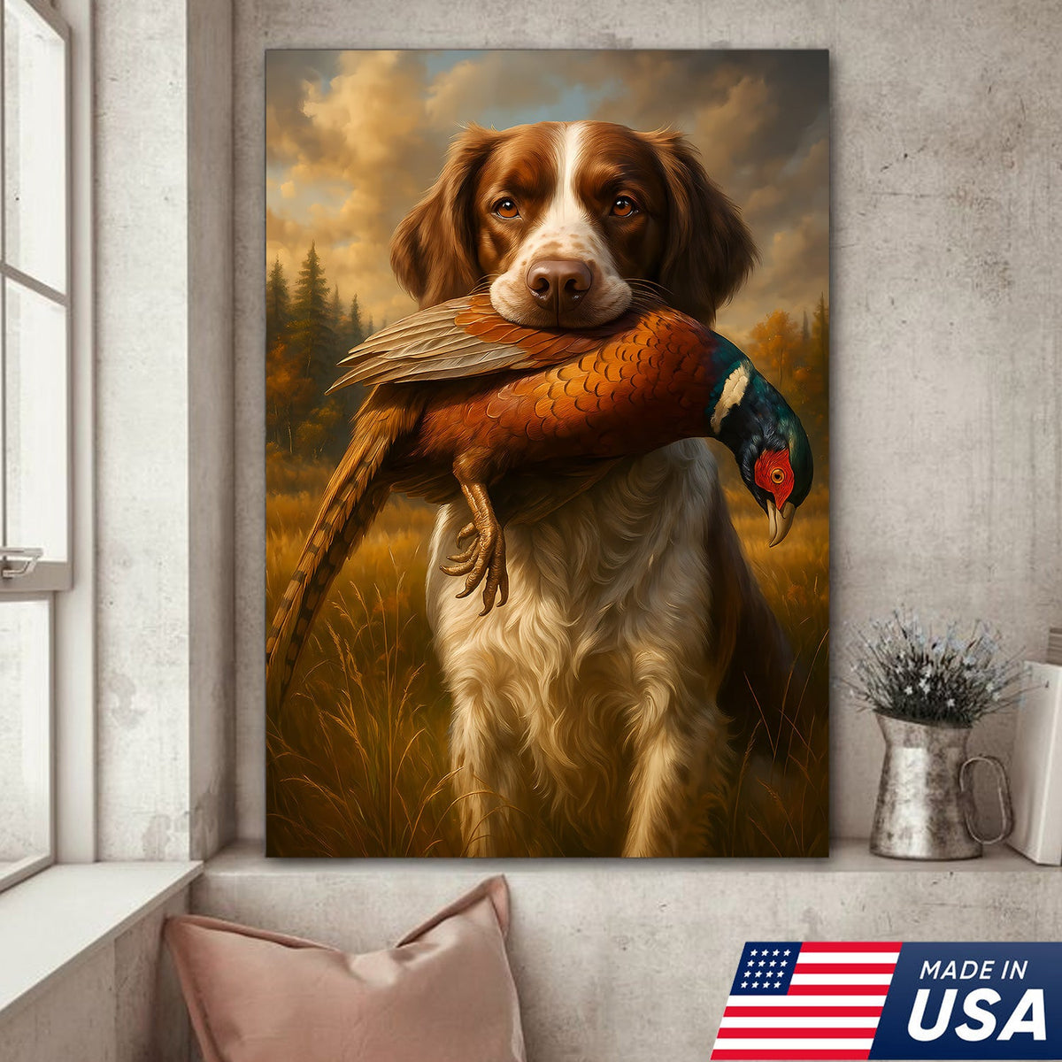 Upland Hunting Dog Canvas Wall Art – Brittany with Pheasant, Rustic Cabin Decor