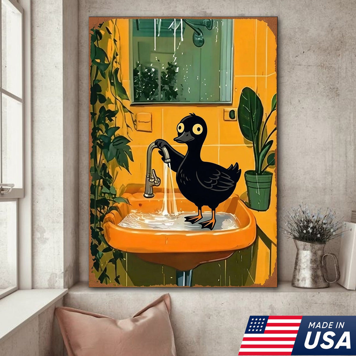 Funny Black Duck Bathroom Canvas Wall Art – Whimsical Bird in Sink Illustration
