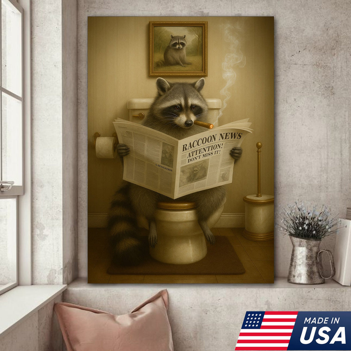 Funny Raccoon Bathroom Canvas Wall Art – Rustic Lodge Cabin Decor Toilet Humor