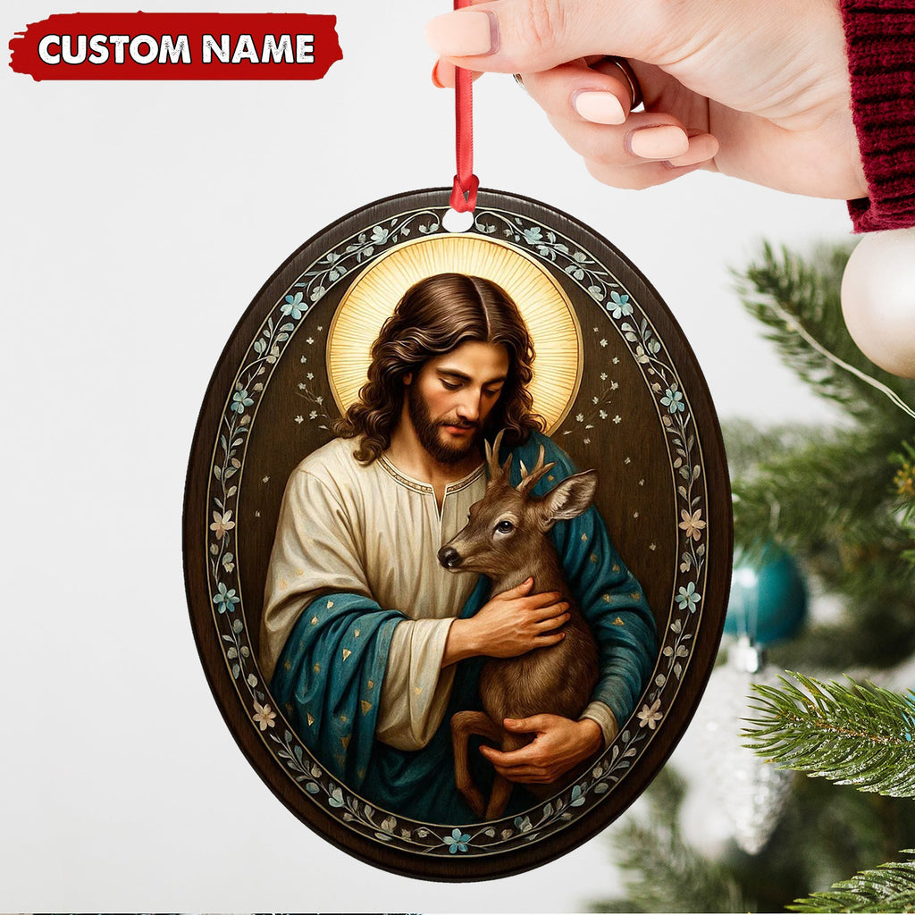 Custom Jesus Holding Deer Christmas Ornament, Personalized Name Christian Tree Decoration, Religious Woodland Gift for Faith Family