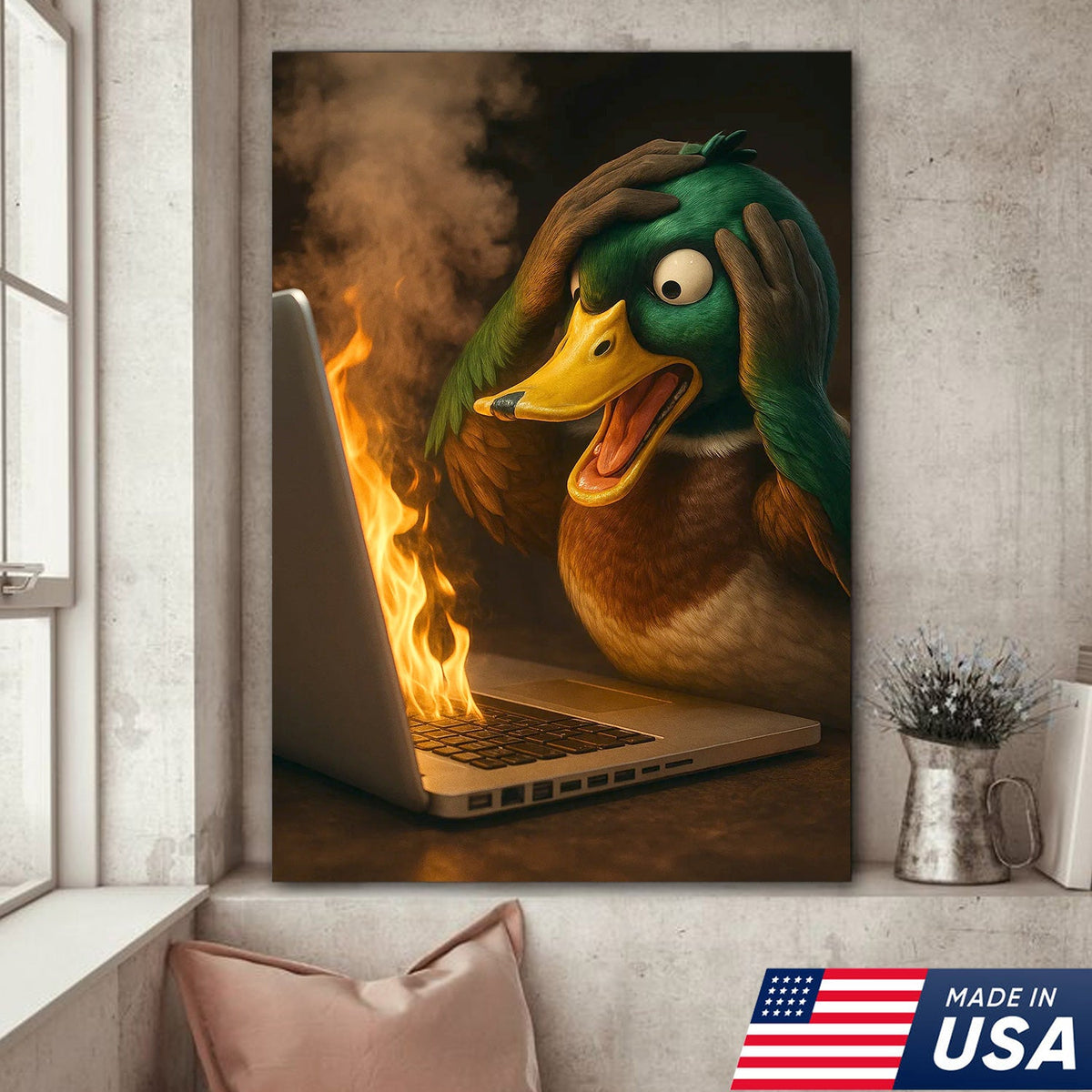 Funny Duck Screaming at Burning Laptop Canvas Wall Art, Hilarious Tech Fail Gift