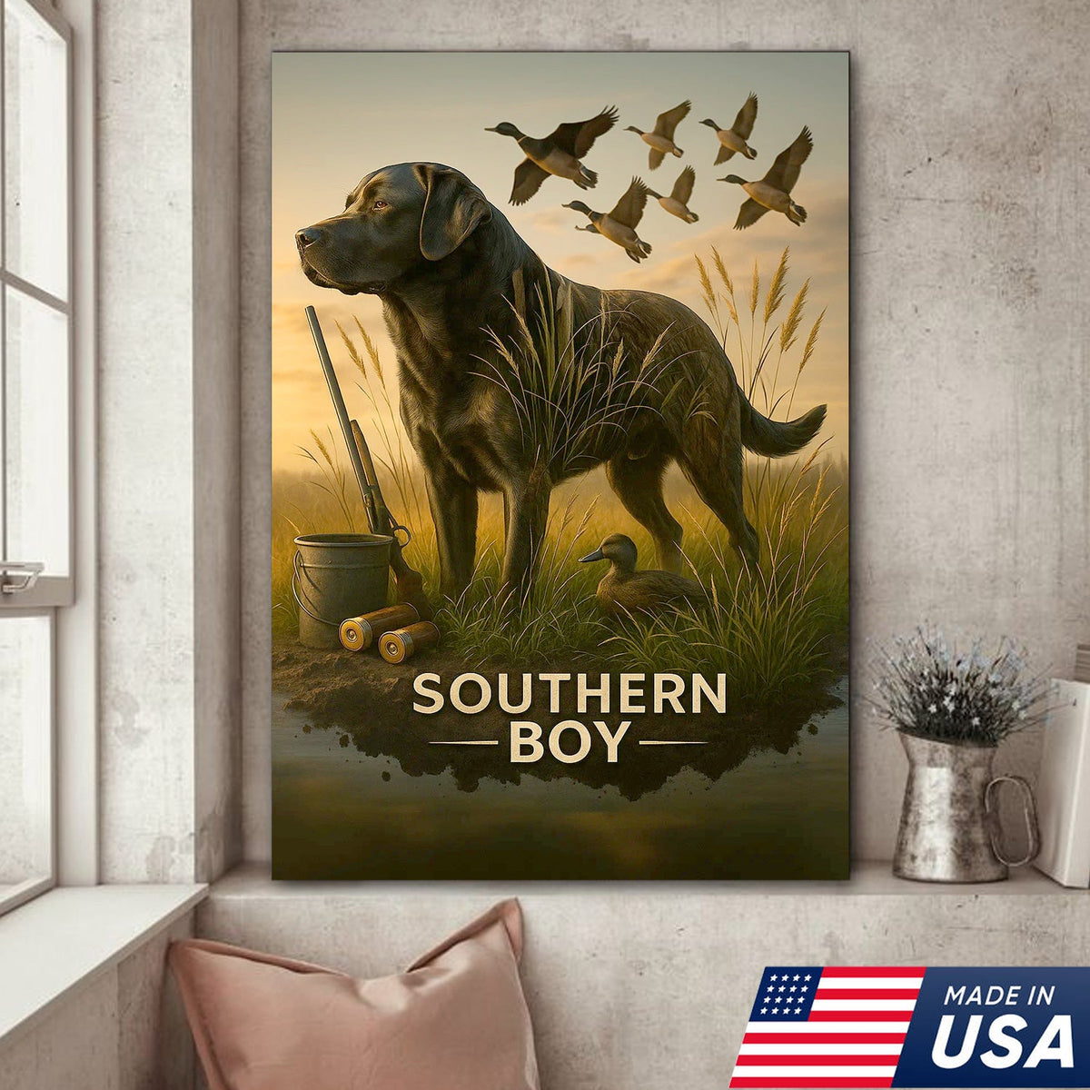 Black Lab Duck Hunting Canvas Wall Art, Labrador Retriever Waterfowl Print