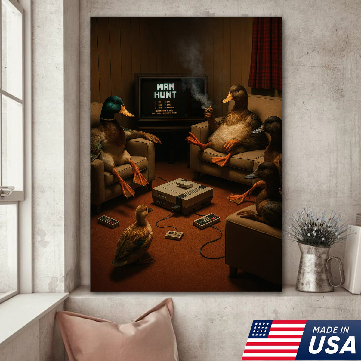 Funny Duck Hunter Retro Canvas Wall Art– Man Hunt Vintage Game Room Wall Art for Hunters