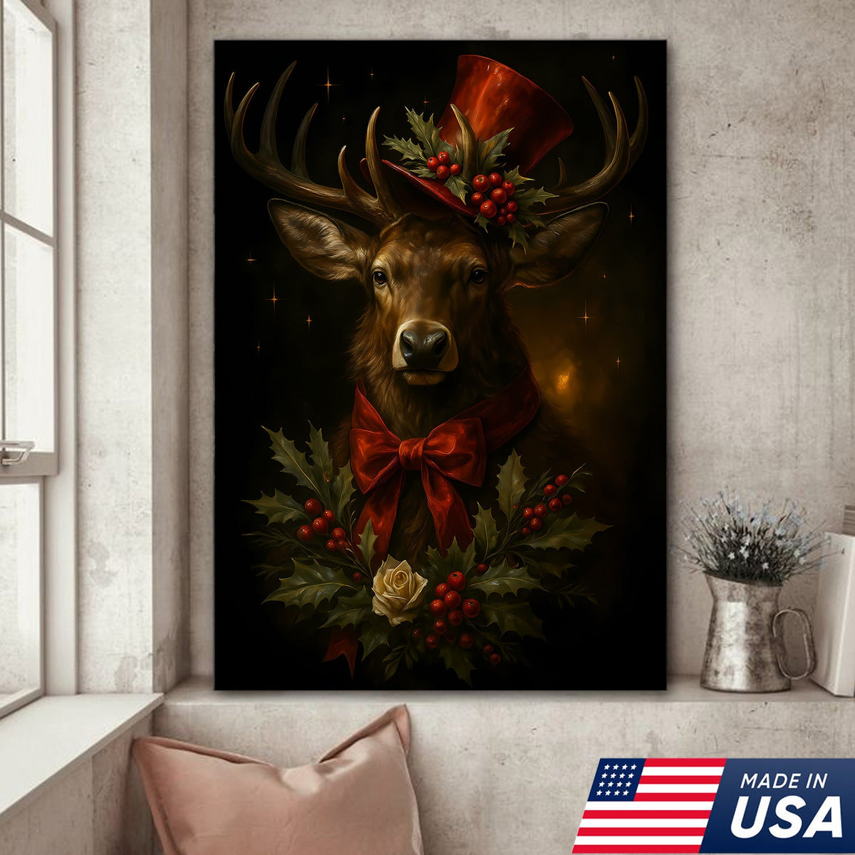 Christmas Deer Canvas Wall Art – Rustic Holiday Decor for Cabin & Lodge