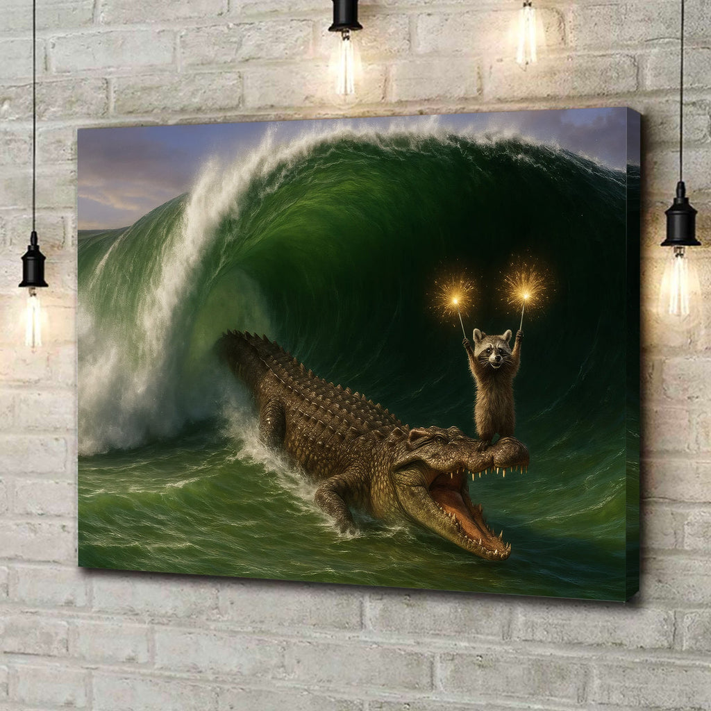 Crocodile Surfing Canvas Wall Art, Raccoon with Sparklers Fantasy Animal