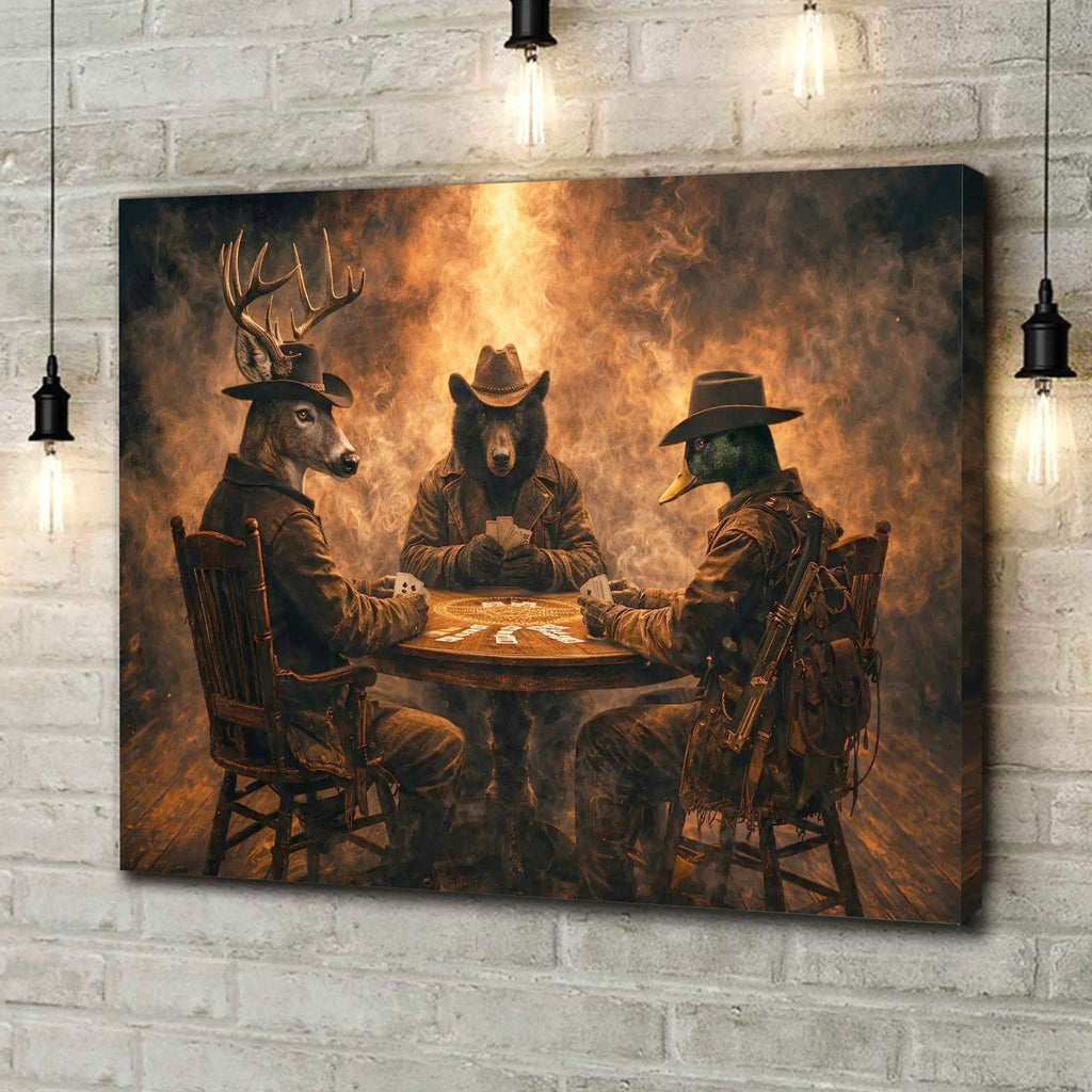 Wild West Animal Poker Canvas Wall Art – Deer, Bear and Duck Cowboy Card Game Print