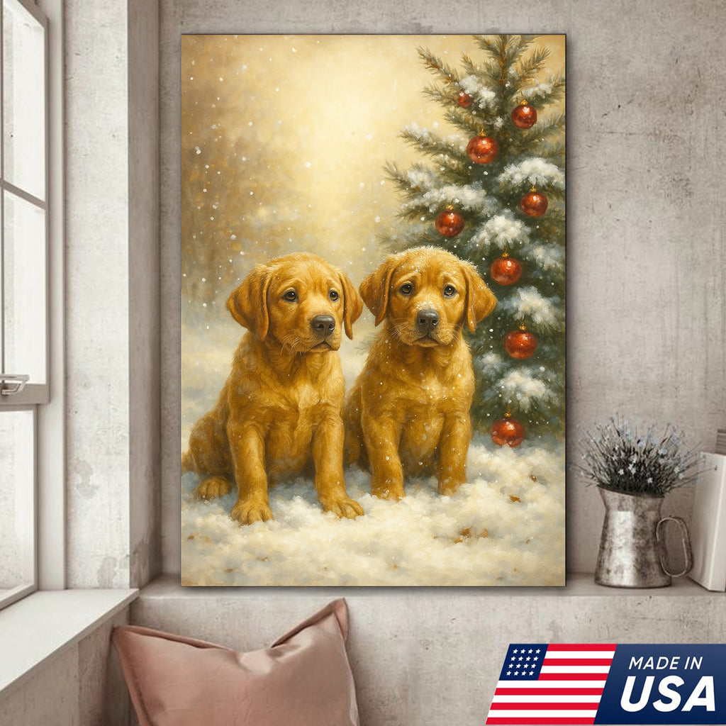Christmas Golden Puppies Canvas Wall Art – Cute Labrador Dog Holiday Canvas Print