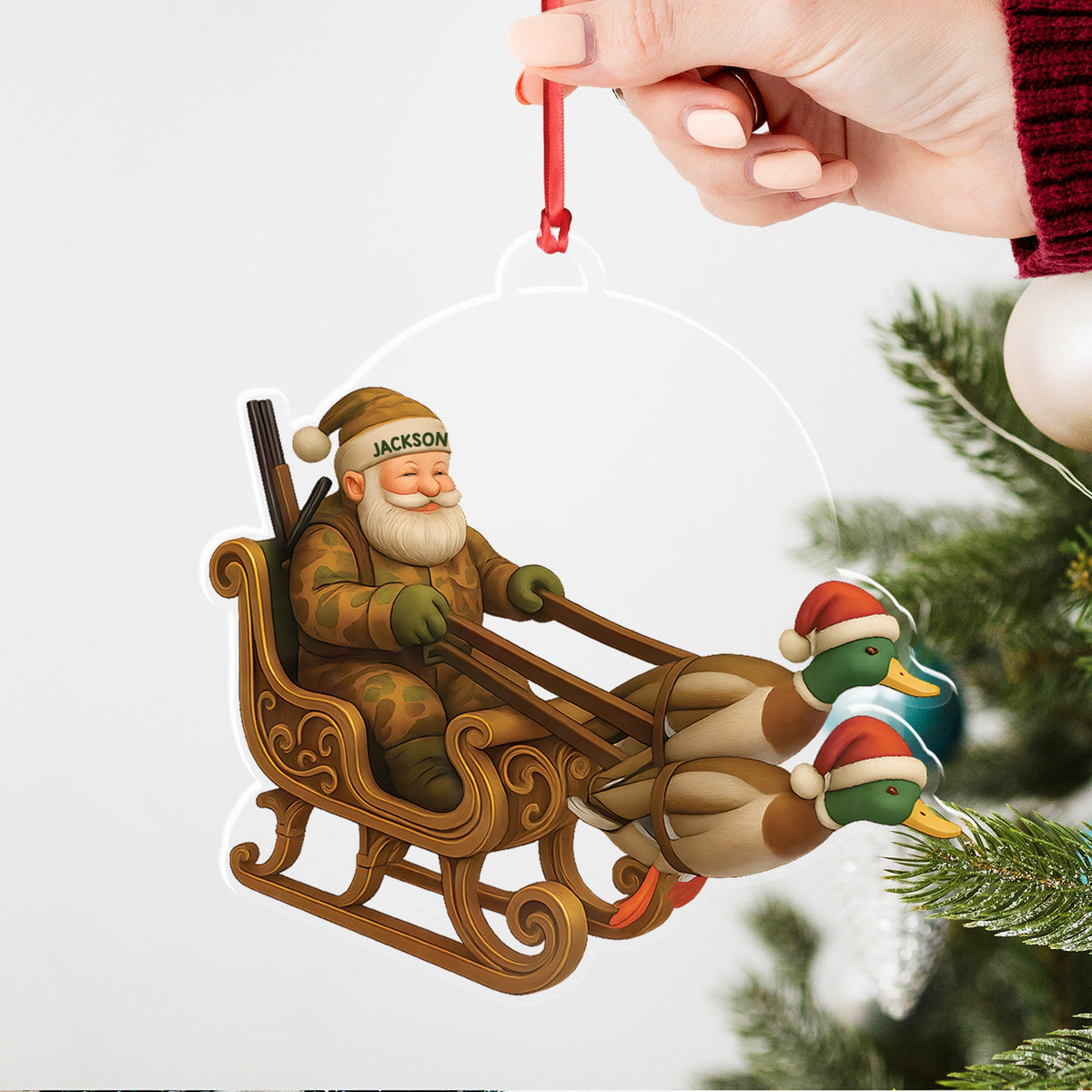Personalized Funny Santa Hunter Acrylic Ornament– Duck Hunting Christmas Wall Art, Santa Claus with Ducks Sleigh, Custom Hunter Gift for Men