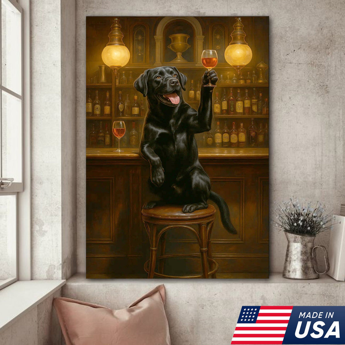 Bar Dog Canvas Art – Cheerful Black Labrador Raising a Fancy Drink