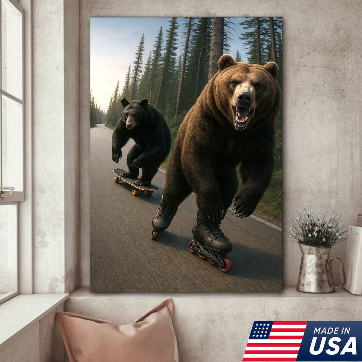 Skating Bears Canvas Art – Funny Bears on Skateboards & Rollerblades