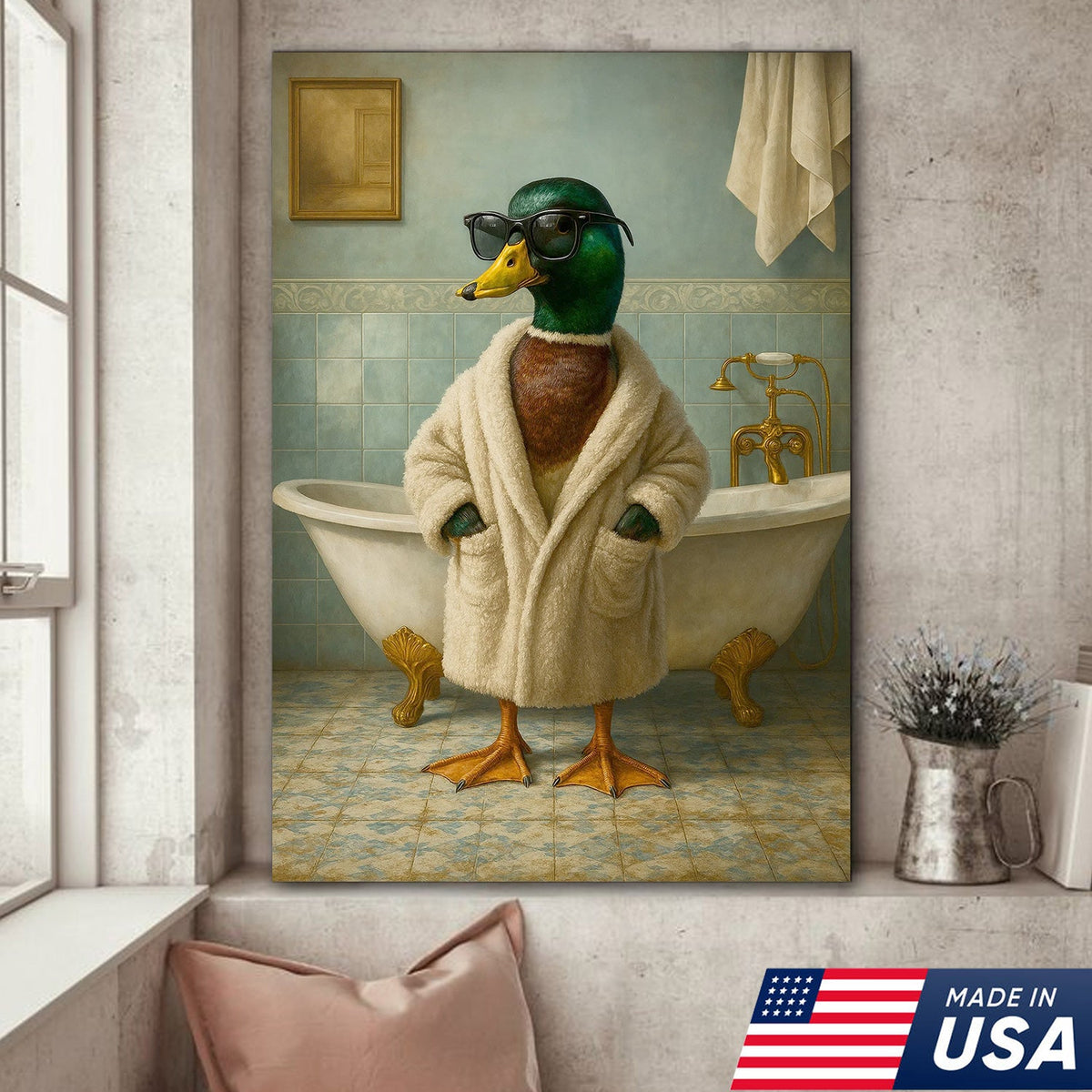 Bathrobe Duck Canvas Art – Cool Duck in Cozy Robe with Sunglasses