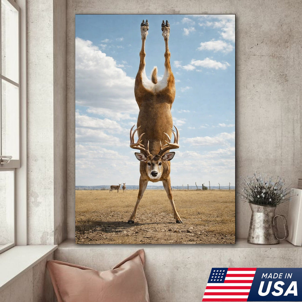 Upside Down Deer Canvas Wall Art, Funny Wildlife Photography Print