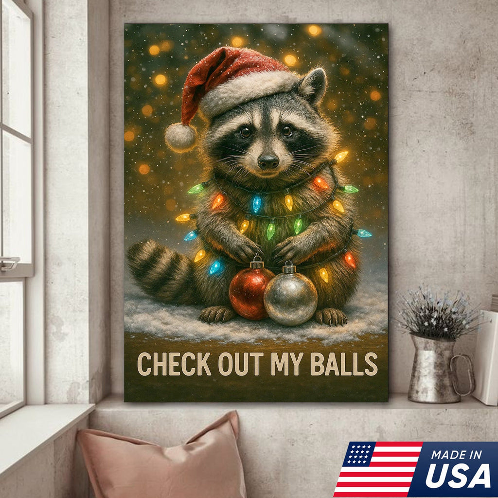 Funny Christmas Raccoon Canvas Art – Cute Holiday Raccoon with Lights & Ornaments