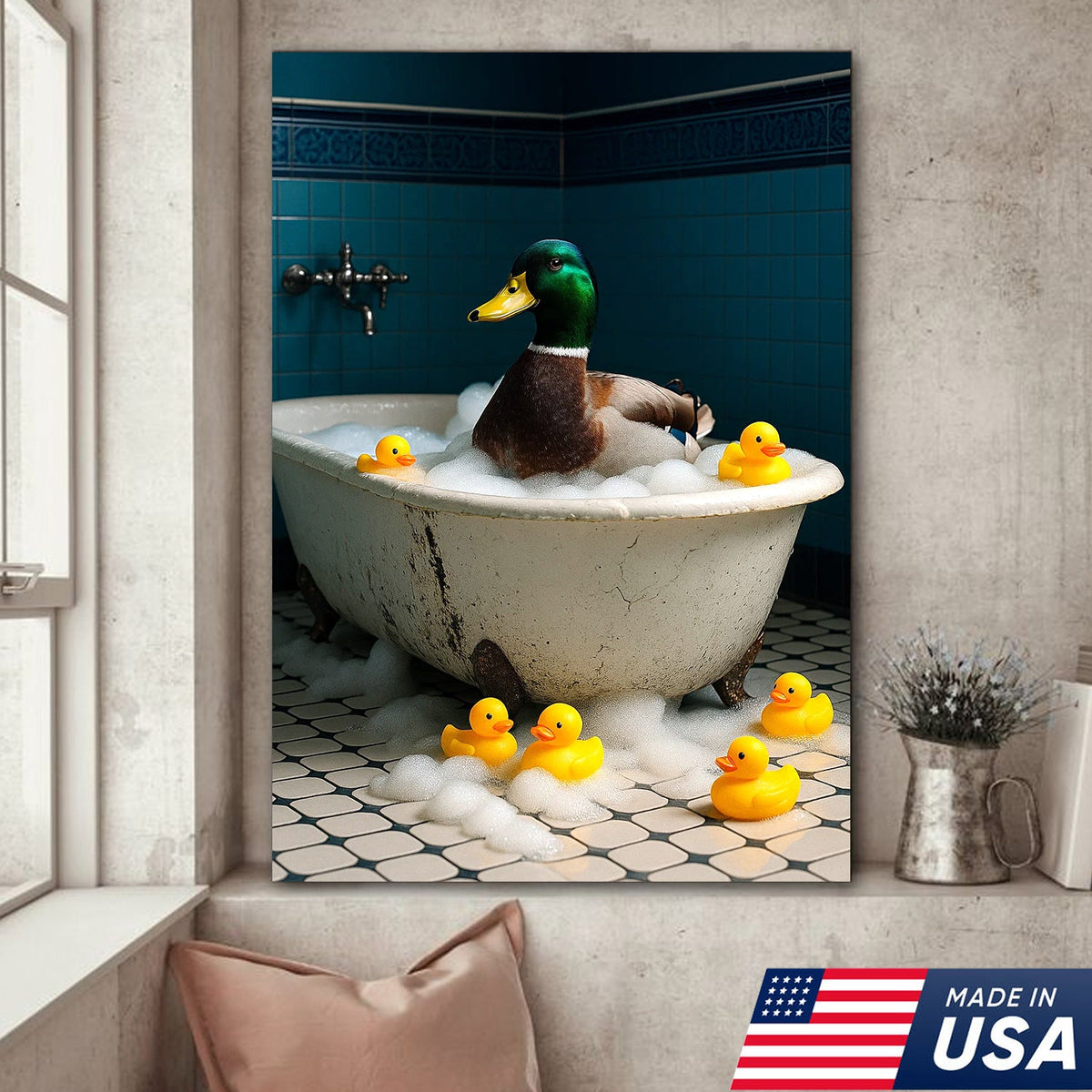 Bubble Bath Duck Canvas Art – Funny Duck in Foamy Tub with Rubber Ducklings