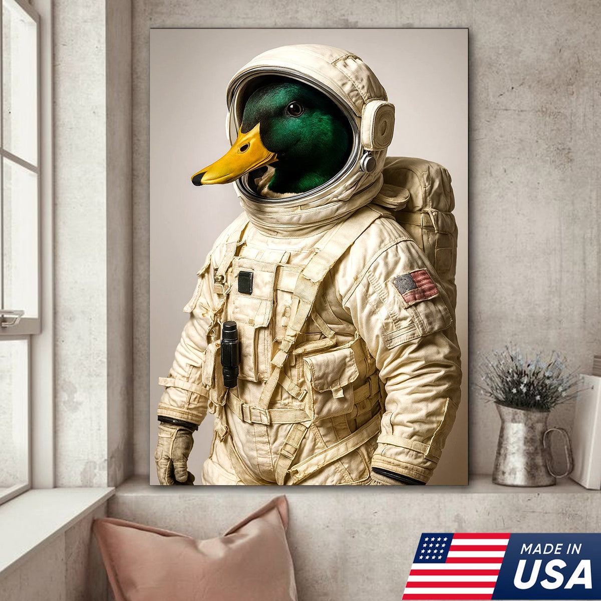 Astronaut Duck Canvas Art – Space Explorer Duck in Full Spacesuit, Whimsical Animal Wall Decor