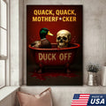 Dark Humor Duck Canvas Art – Savage Duck in Bloody Tub with Skull, Horror-Style “Duck Off” Wall Decor