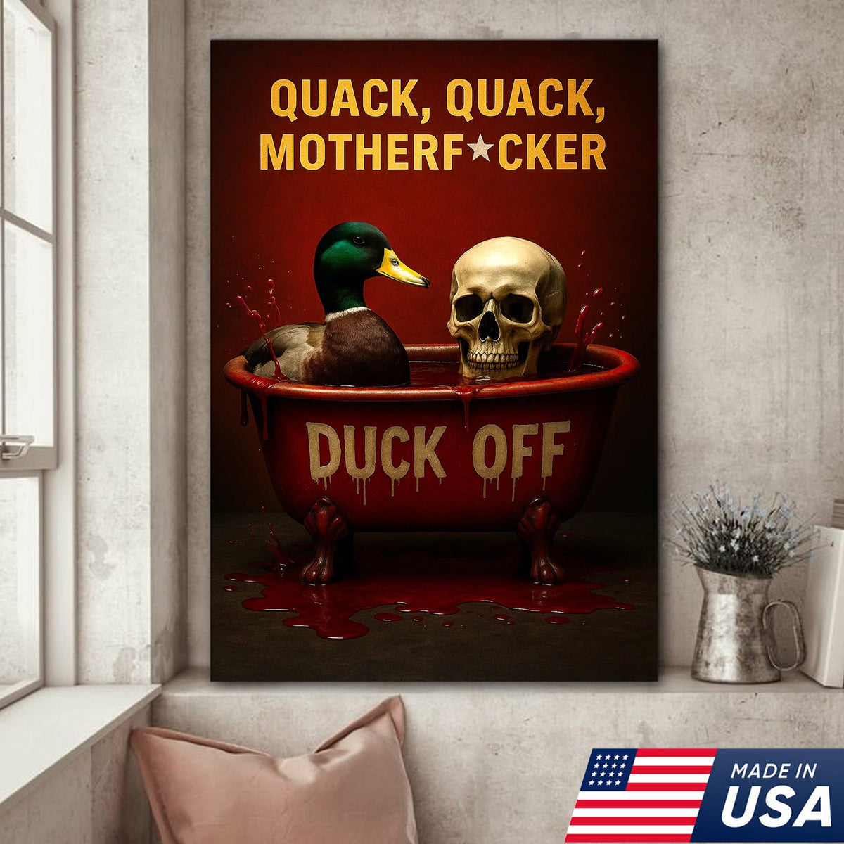 Dark Humor Duck Canvas Art – Savage Duck in Bloody Tub with Skull, Horror-Style “Duck Off” Wall Decor