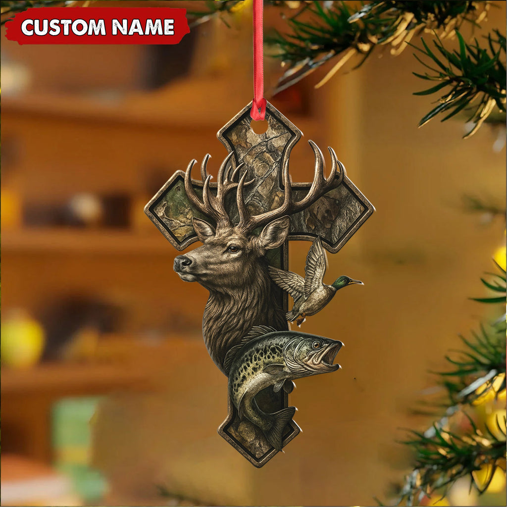 Personalized Hunter Acrylic Ornament – Deer, Duck & Fish Cross Design for Christmas Tree Decor