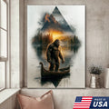 Bigfoot Fishing On Wooden Boat Adventure Canvas Wall Art – Mysterious Forest Lake Decor
