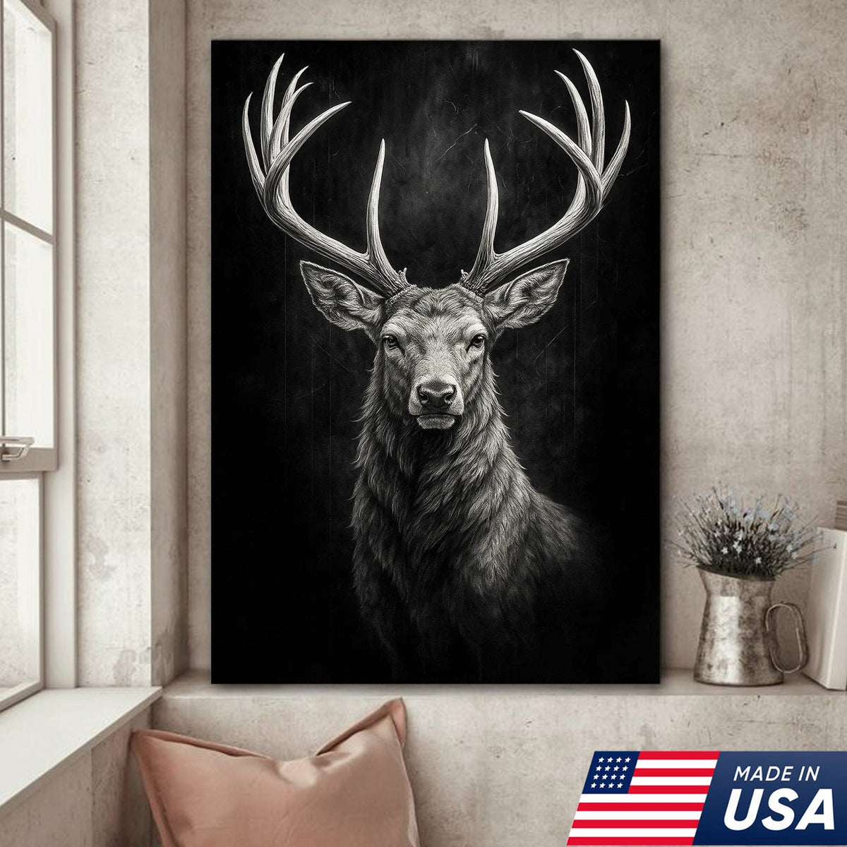 Black and White Deer Stag Canvas Wall Art, Majestic Buck Head Rustic Cabin Decor