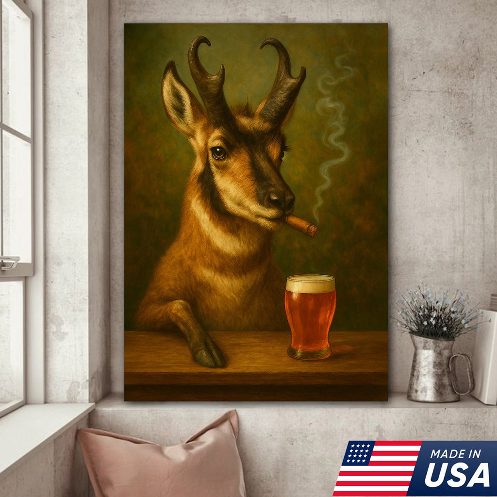 Funny Pronghorn Antelope Smoking & Beer Canvas Wall Art - Hunting Perfect Gift for Hunters & Cocktail Glasses Lovers