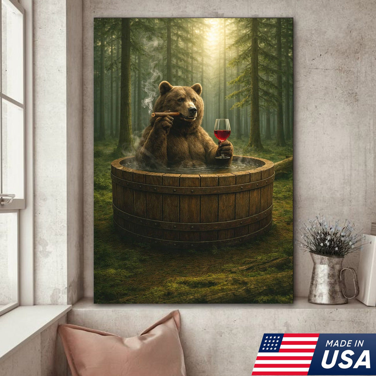 Relaxing Bear Forest Bath Canvas Wall Art, Whimsical Woodland Animal Illustration