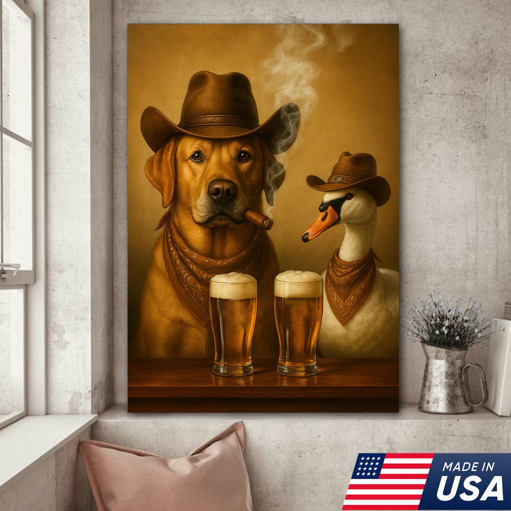Funny Cowboy Dog & Geese Wall Art Canvas – Funny Beer & Smoking Canvas for Hunters