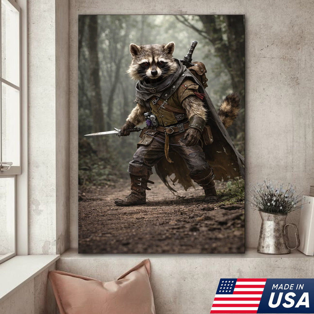 Epic Raccoon Warrior Wall Art Canvas Print, Fantasy Adventurer Animal Illustration