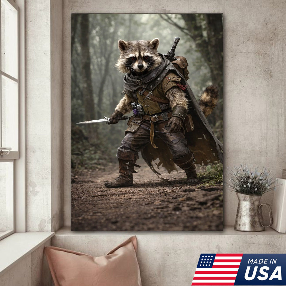 Epic Raccoon Warrior Wall Art Canvas Print, Fantasy Adventurer Animal Illustration