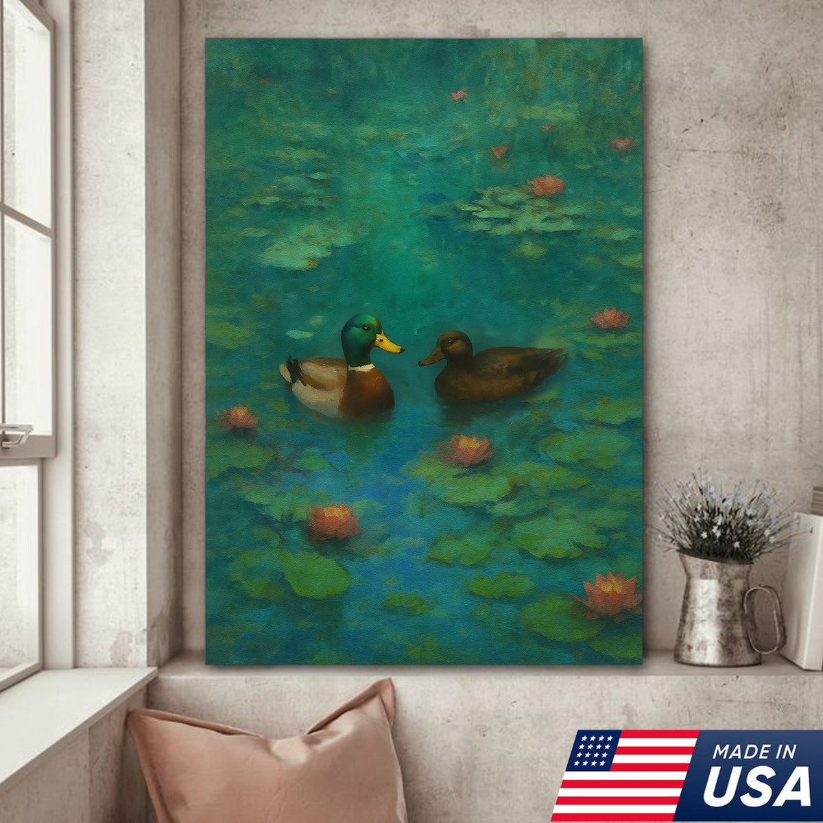 Romantic Mallard Duck Canvas Wall Art – Tranquil Pond & Water Lily Canvas