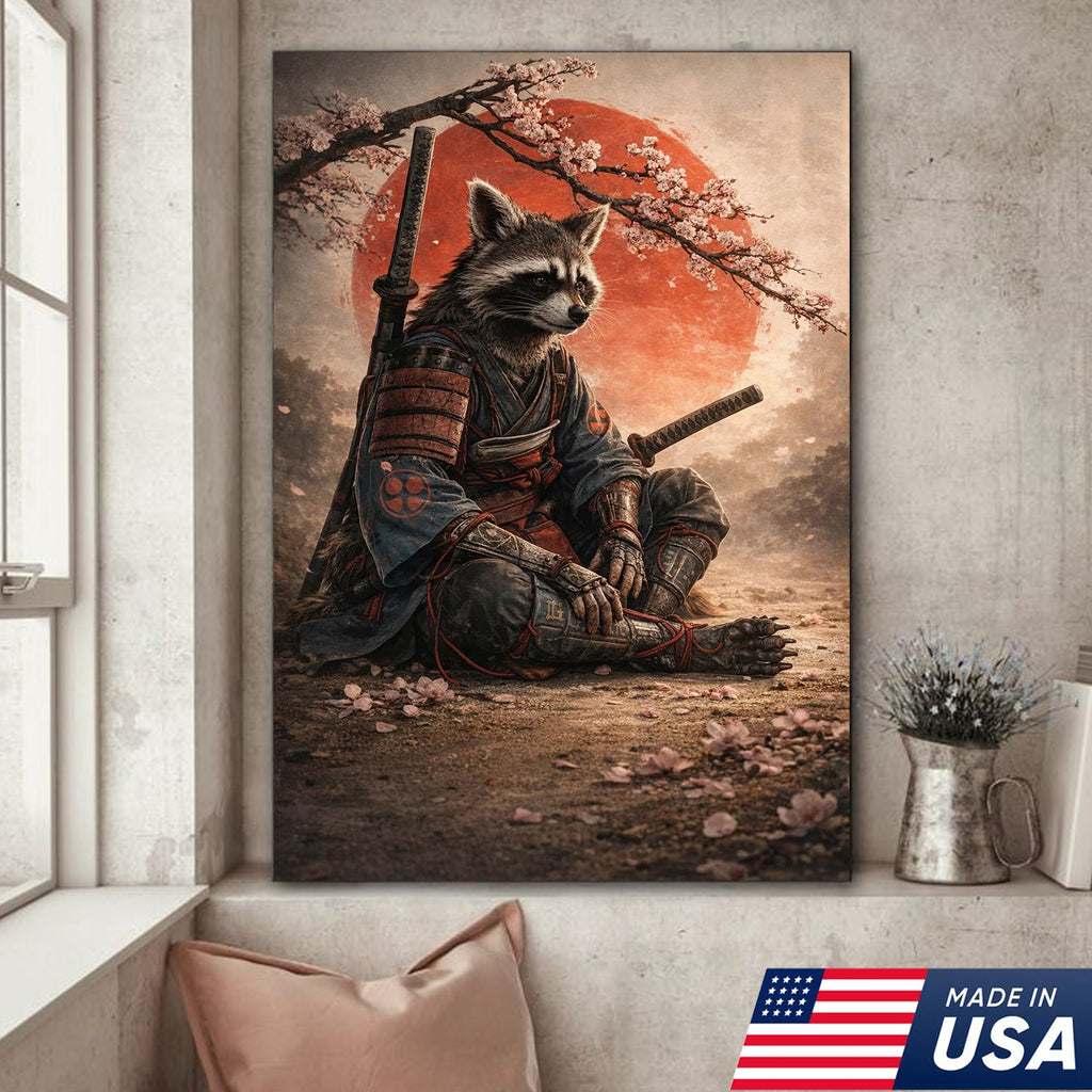 Samurai Raccoon Wall Art Canvas Print, Japanese Warrior Animal Illustration