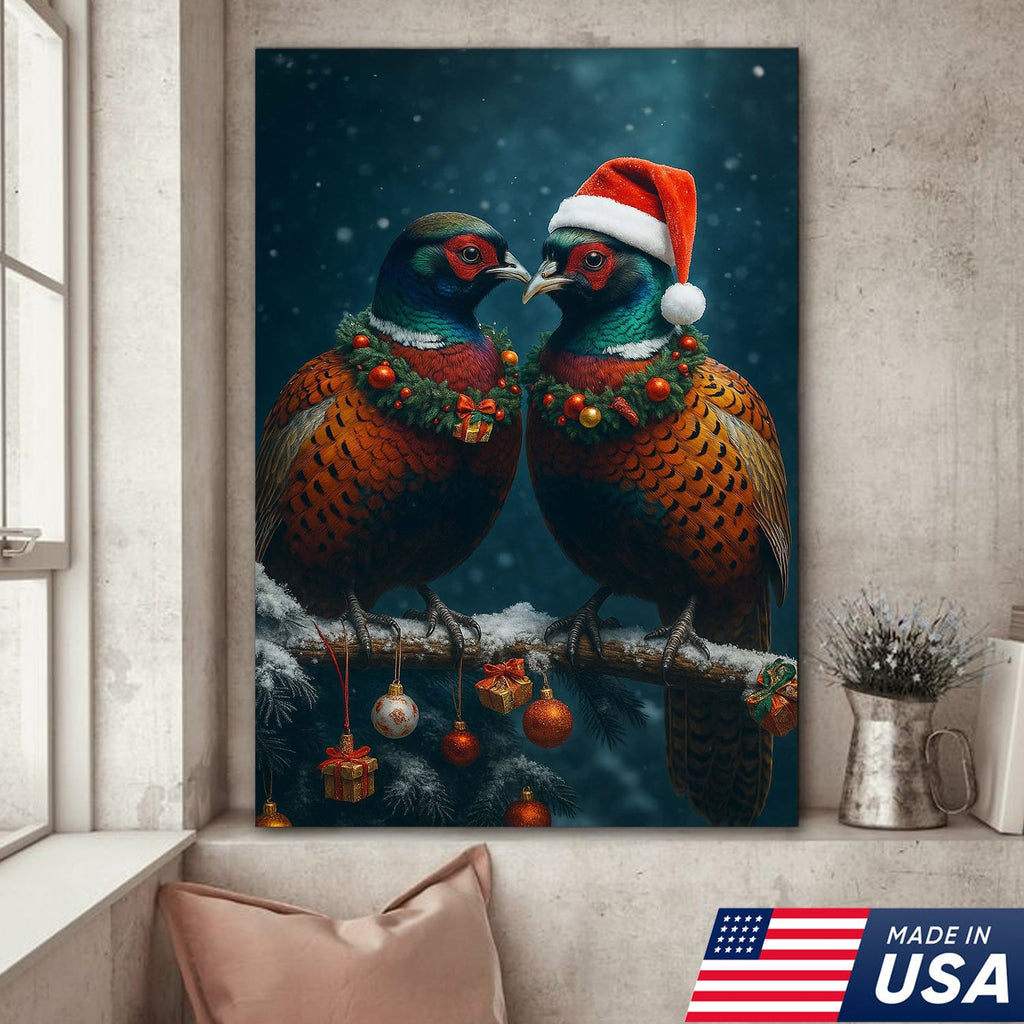 Christmas Pheasant Wall Art Canvas - Holiday Bird Couple Print, Rustic Wildlife Decor