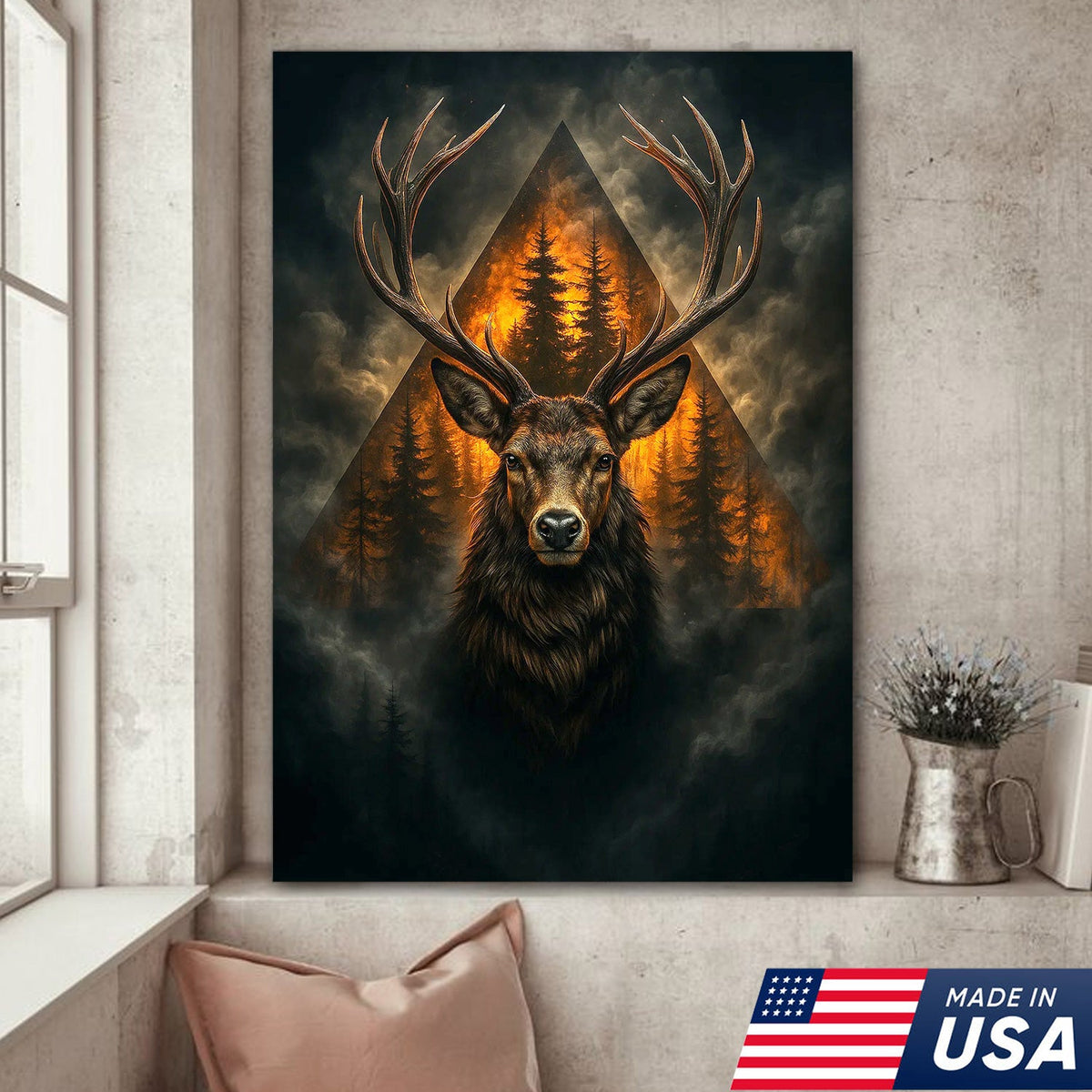 Majestic Deer Canvas Wall Art, Rustic Woodland Animal Decor, Mountain Forest Sunset Home Decoration
