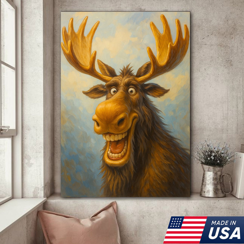 Funny Moose Wall Art – Cartoon Moose Decor, Rustic Cabin Gift, Lodge Bar Humor Canvas Print
