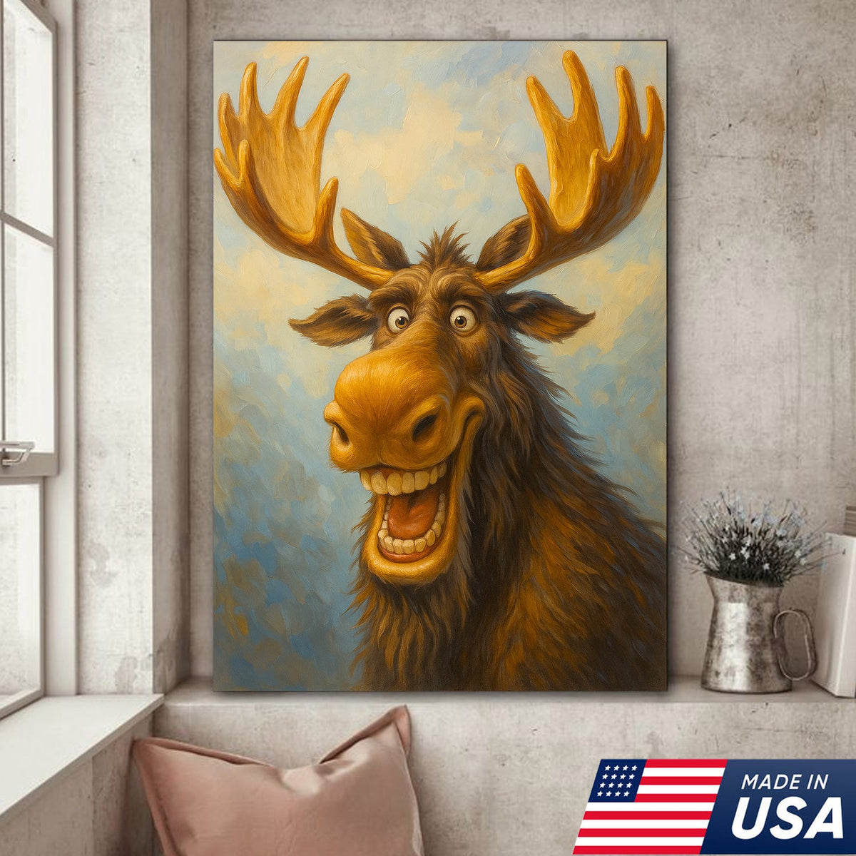 Funny Moose Wall Art – Cartoon Moose Decor, Rustic Cabin Gift, Lodge Bar Humor Canvas Print