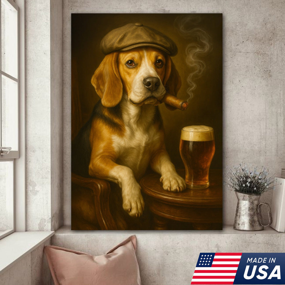 Beagle Dog Cigar Wall Art Canvas – Funny Beer Lover Wall Art for Rustic Bar & Man Cave